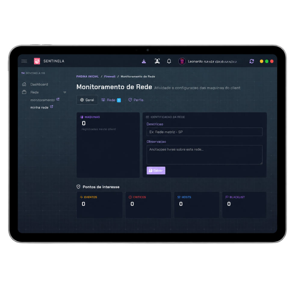 Notebook com o painel Sentinela e símbolo de proteção